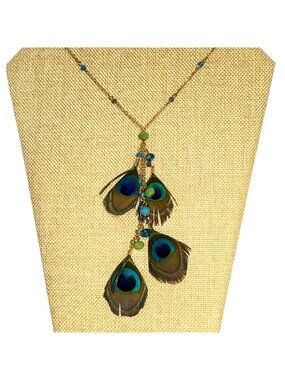 Peacock Feather Eyes Crystals Gold Tone Long Lavalier Statement Necklace 35in